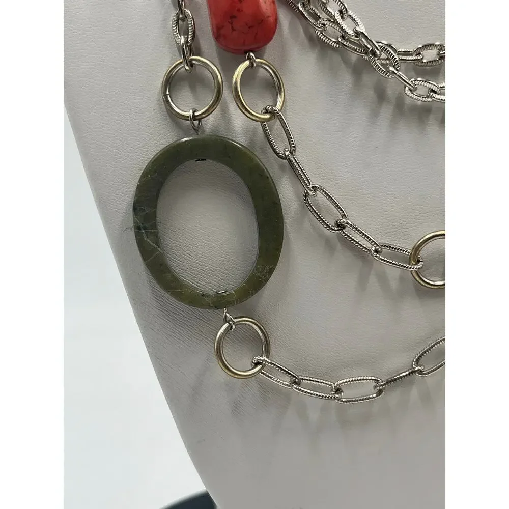 Emily Ray Boho Double Strand Stone Mixed Metal Chains Jade Green‎ Coral Necklace